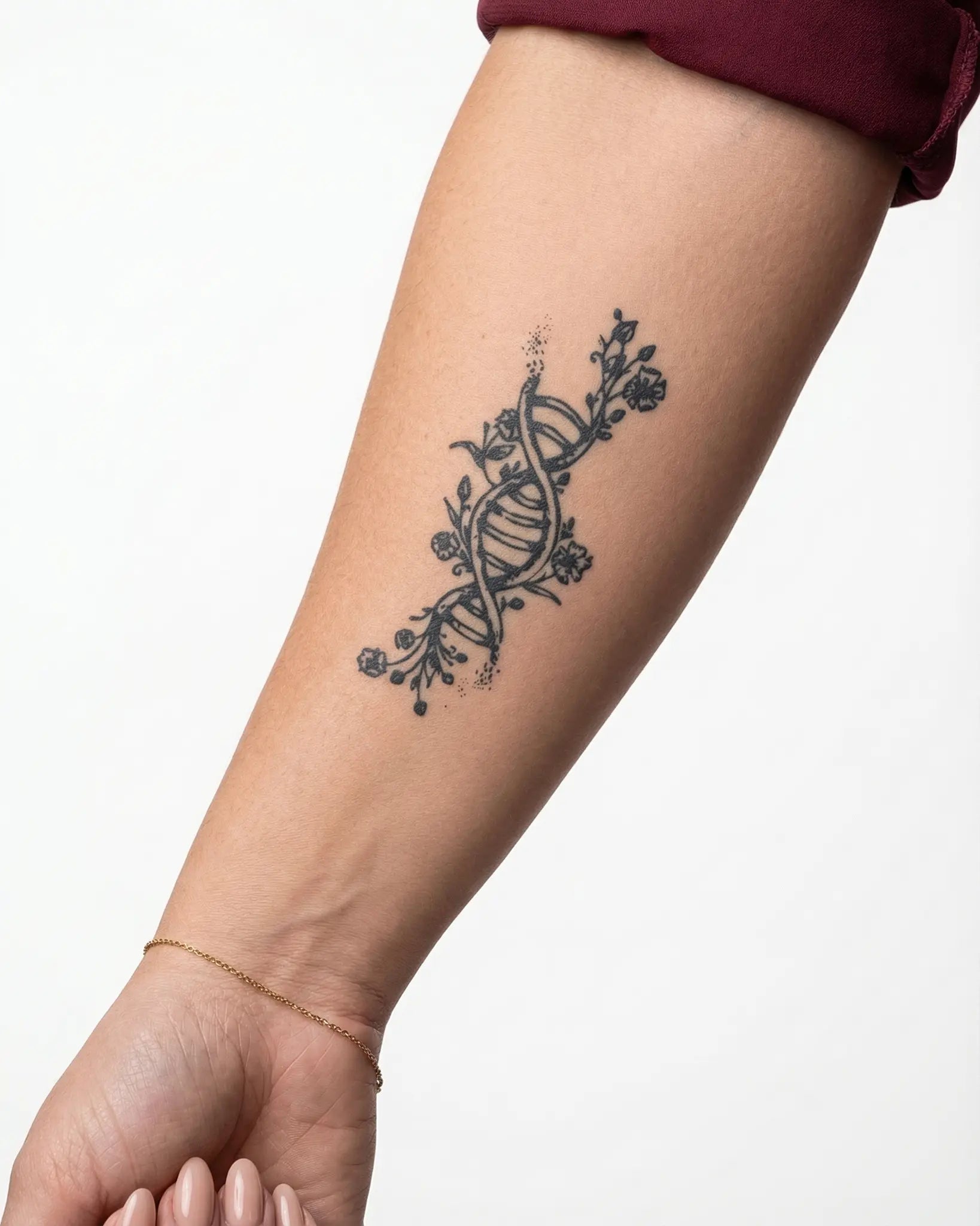 INKY Bio Bloom semi-permanent tattoo applied on a woman – 2 x 4 in (6x10 cm) design, realistic ink look, lasts 10 days