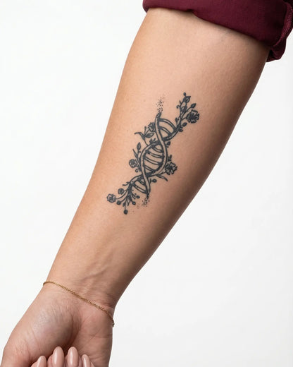 INKY Bio Bloom semi-permanent tattoo applied on a woman – 2 x 4 in (6x10 cm) design, realistic ink look, lasts 10 days