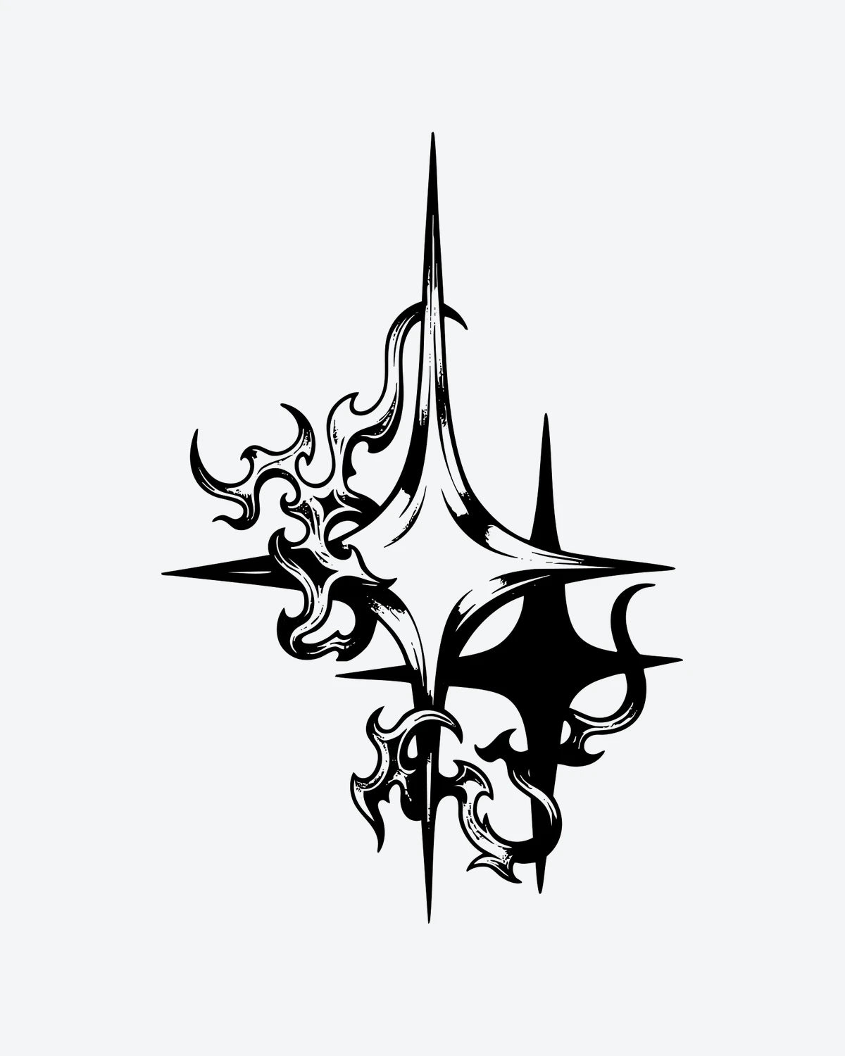 Dark Star semi-permanent tattoo design by INKY – Star, Flame, Scroll illustration, 3 x 4 in (7x10 cm), available at inkytatt.com