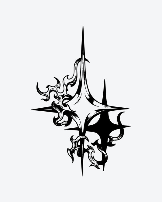 Dark Star semi-permanent tattoo design by INKY – Star, Flame, Scroll illustration, 3 x 4 in (7x10 cm), available at inkytatt.com