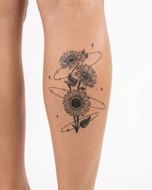 INKY Sunflower Orb 2 semi-permanent tattoo applied on a woman – 2 x 4 in (6x10 cm) design, realistic ink look, lasts 10 days