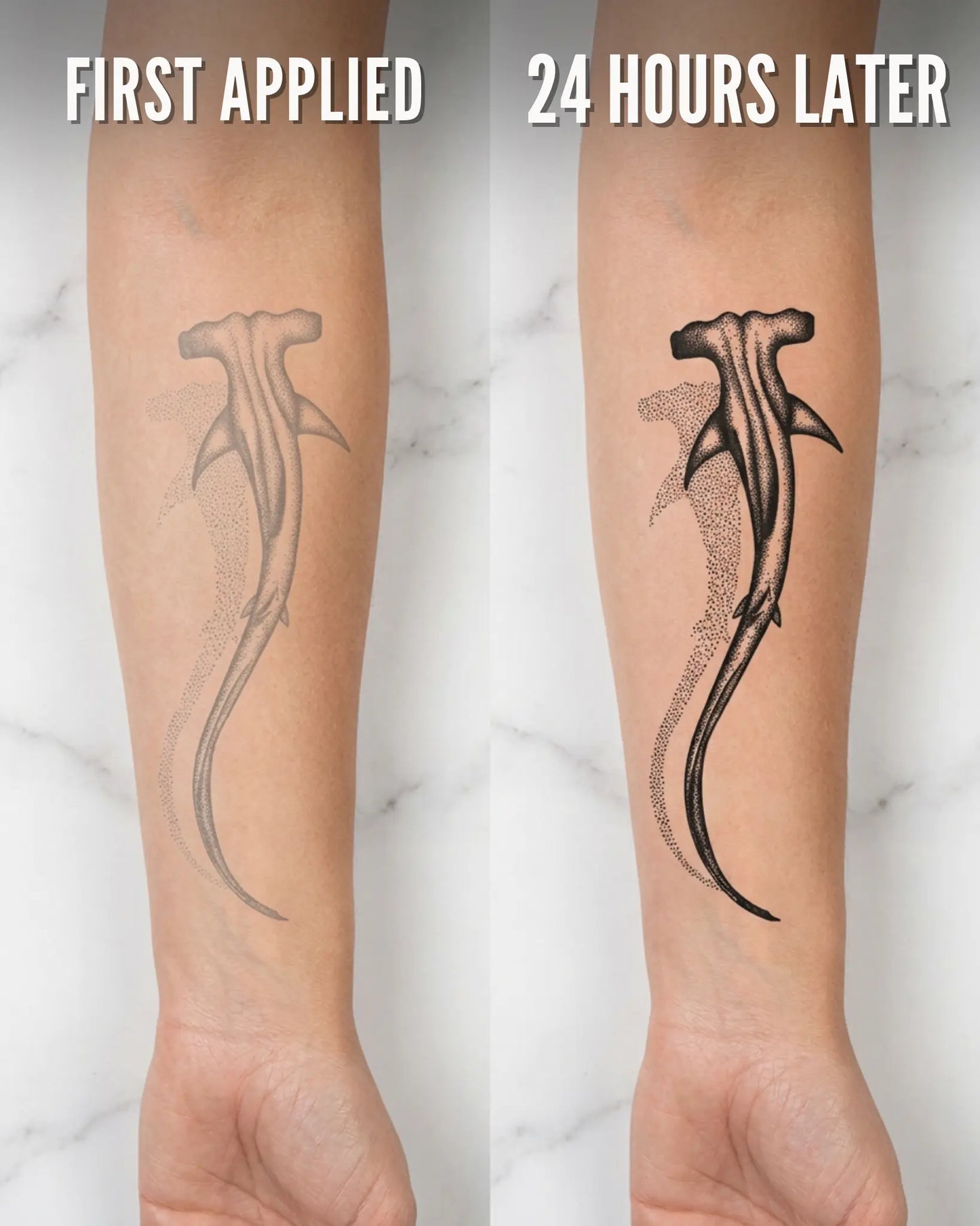 INKY semi-permanent tattoo before and after – left shows light appearance immediately after application, right shows full dark realistic dotwork result 24 hours later using InstantInk™ herbal ink technology