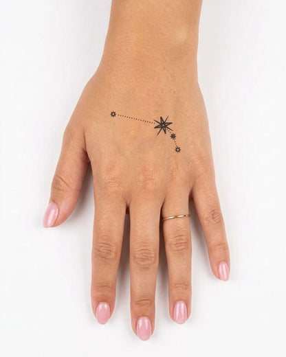 INKY Star Path Aries semi-permanent tattoo applied on a woman – 2 x 2 in (4x4 cm) design, realistic ink look, lasts 10 days