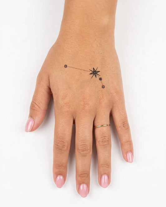 INKY Star Path Aries semi-permanent tattoo applied on a woman – 2 x 2 in (4x4 cm) design, realistic ink look, lasts 10 days