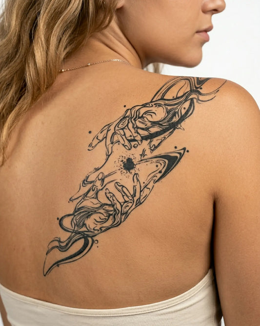 INKY Connection semi-permanent tattoo applied on a woman – 4 x 8 in (11x20 cm) design, realistic ink look, lasts 10 days
