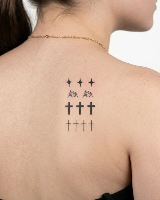INKY Mix Minis semi-permanent tattoo applied on a woman – 3 x 4 in (7x10 cm) design, realistic ink look, lasts 10 days
