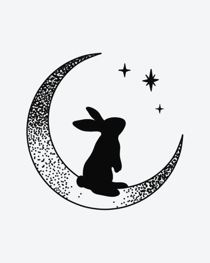 Moon Rabbit semi-permanent tattoo design by INKY – Crescent Moon, Fine Line, Star, Cross, Dotwork illustration, 2 x 2 in (4x4 cm), available at inkytatt.com