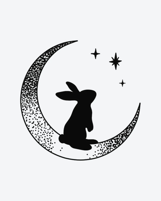 Moon Rabbit semi-permanent tattoo design by INKY – Crescent Moon, Fine Line, Star, Cross, Dotwork illustration, 2 x 2 in (4x4 cm), available at inkytatt.com