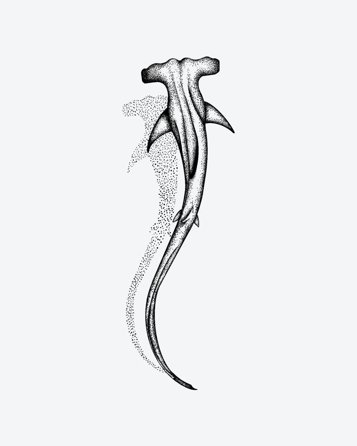 Hammerhead 3 semi-permanent tattoo design by INKY – Shark, Dots, Dotwork, Ocean illustration, 2 x 4 in (6x10 cm), available at inkytatt.com