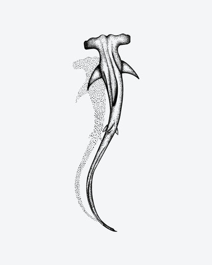 Hammerhead 3 semi-permanent tattoo design by INKY – Shark, Dots, Dotwork, Ocean illustration, 2 x 4 in (6x10 cm), available at inkytatt.com