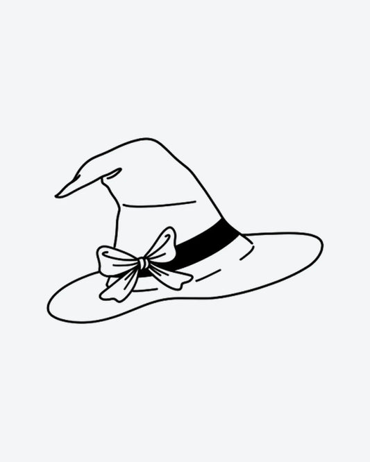 Witch Hat semi-permanent tattoo design by INKY – Fine Line, Crown, Bow illustration, 2 x 2 in (4x4 cm), available at inkytatt.com