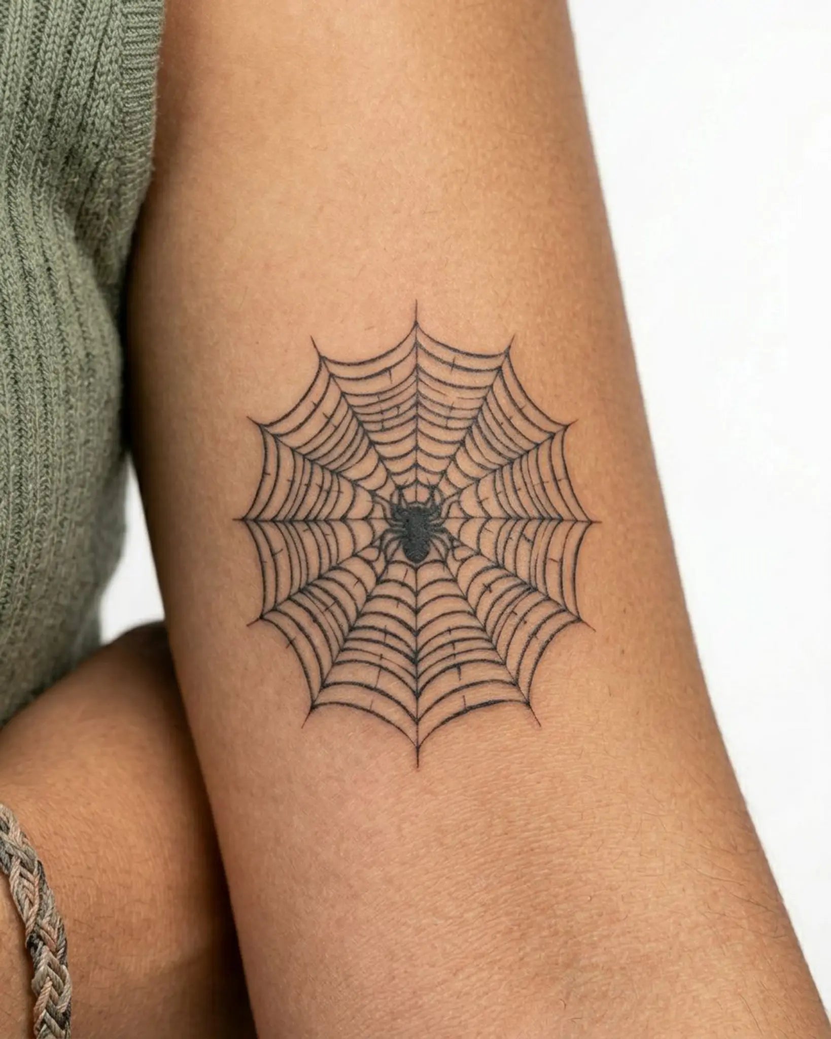 INKY Spider Web semi-permanent tattoo applied on a woman – 3 x 3 in (7x7 cm) design, realistic ink look, lasts 10 days