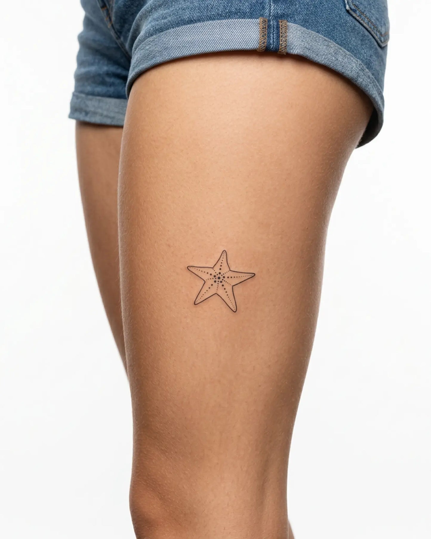 INKY Starfish 2 semi-permanent tattoo applied on a woman – 3 x 3 in (7x7 cm) design, realistic ink look, lasts 10 days