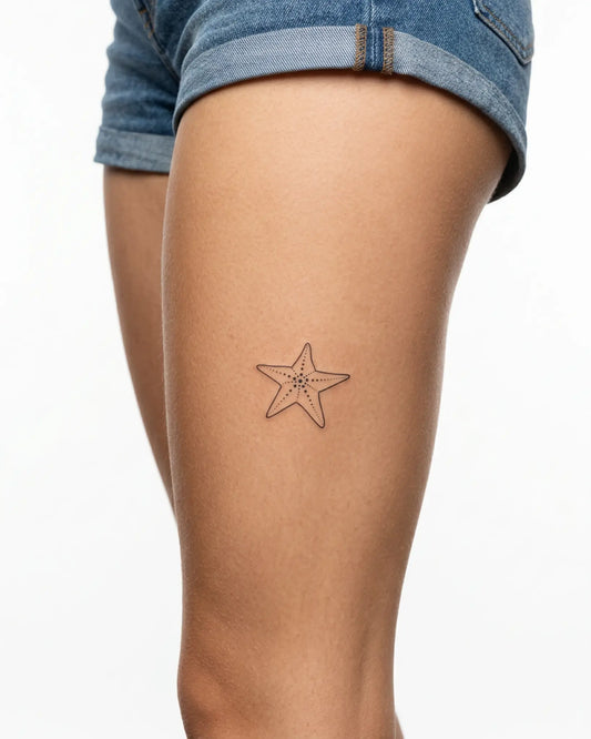 INKY Starfish 2 semi-permanent tattoo applied on a woman – 3 x 3 in (7x7 cm) design, realistic ink look, lasts 10 days
