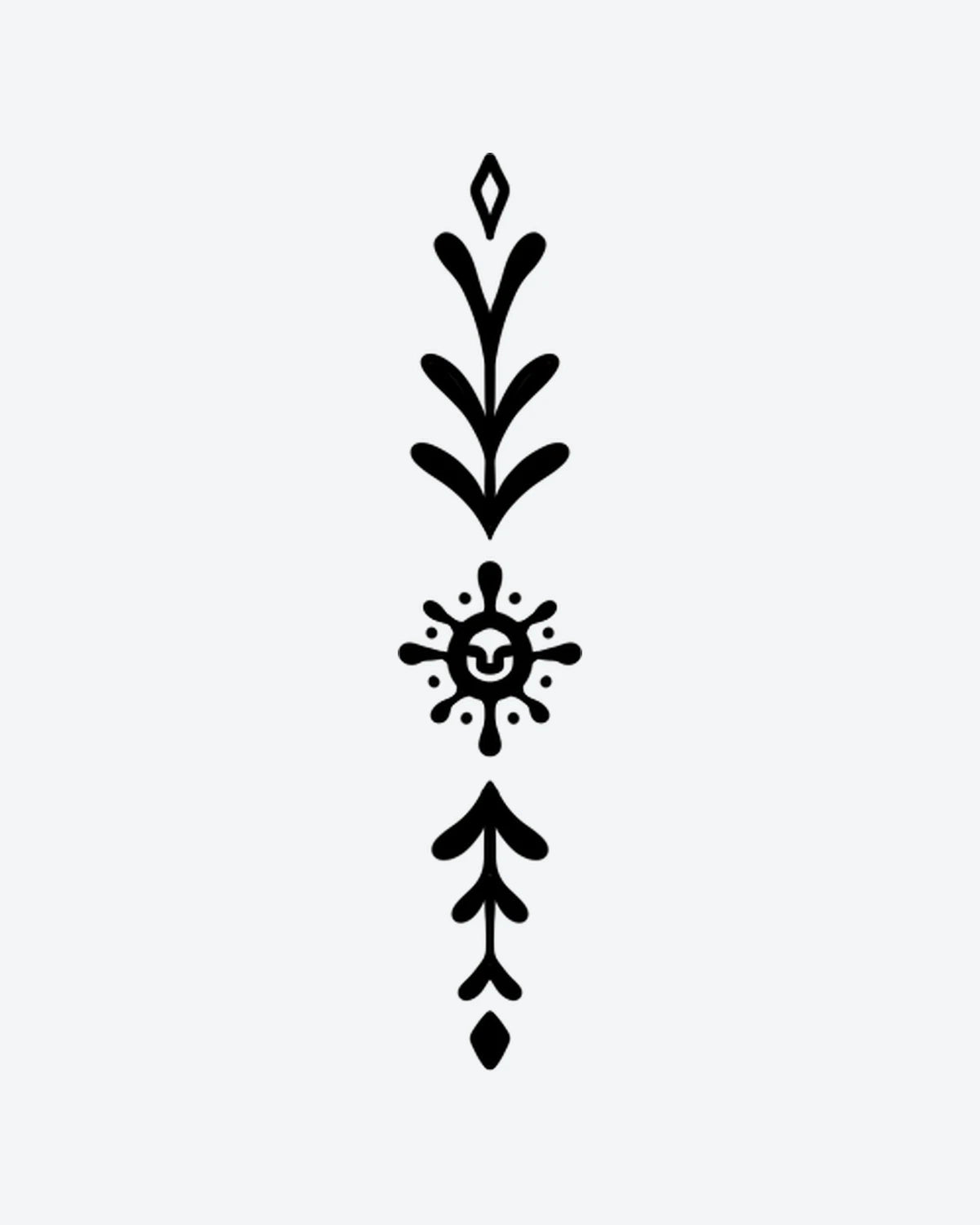 Sun Glyph semi-permanent tattoo design by INKY – Sun, Leaf, Diamond, Dots, Pattern illustration, 2 x 4 in (6x10 cm), available at inkytatt.com