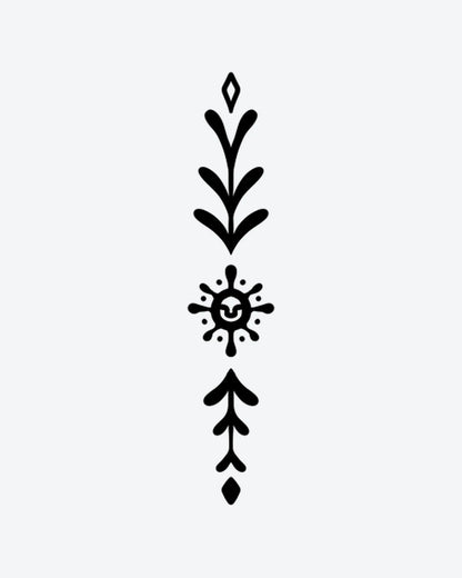 Sun Glyph semi-permanent tattoo design by INKY – Sun, Leaf, Diamond, Dots, Pattern illustration, 2 x 4 in (6x10 cm), available at inkytatt.com