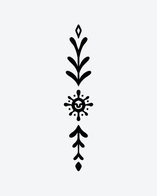 Sun Glyph semi-permanent tattoo design by INKY – Sun, Leaf, Diamond, Dots, Pattern illustration, 2 x 4 in (6x10 cm), available at inkytatt.com