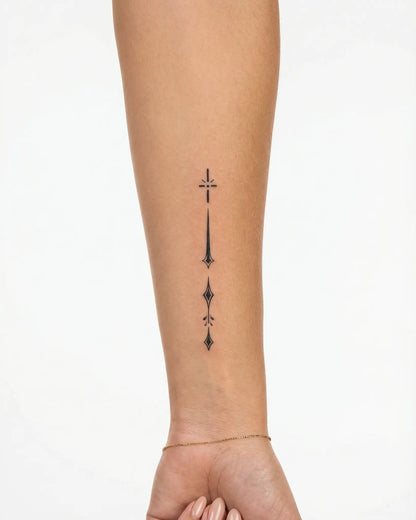 INKY Celestial Dro semi-permanent tattoo applied on a woman – 2 x 4 in (6x10 cm) design, realistic ink look, lasts 10 days