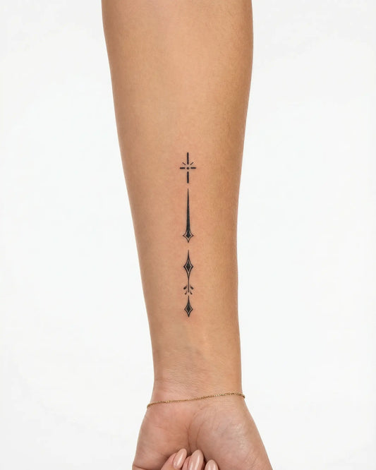 INKY Celestial Dro semi-permanent tattoo applied on a woman – 2 x 4 in (6x10 cm) design, realistic ink look, lasts 10 days