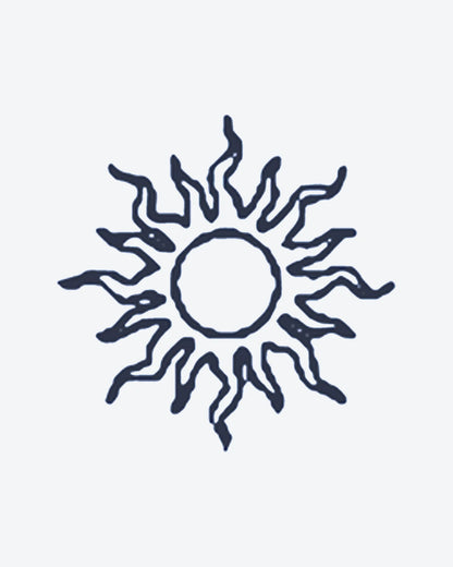 Sun Symbol semi-permanent tattoo design by INKY – Sun, Flame, Circle, Hand illustration, 0.5 x 0.5 in (1x1 cm), available at inkytatt.com