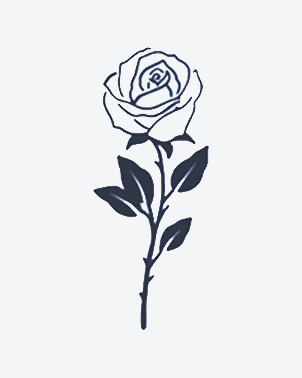 Black Rose semi-permanent tattoo design by INKY – Fine Line, Rose, Leaves, Petal, Thorn illustration, 2 x 2 in (4x4 cm), available at inkytatt.com