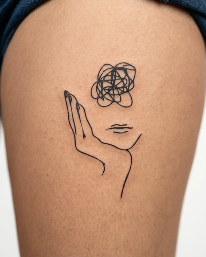 INKY Tangled Mind semi-permanent tattoo applied on a woman – 3 x 4 in (7x10 cm) design, realistic ink look, lasts 10 days