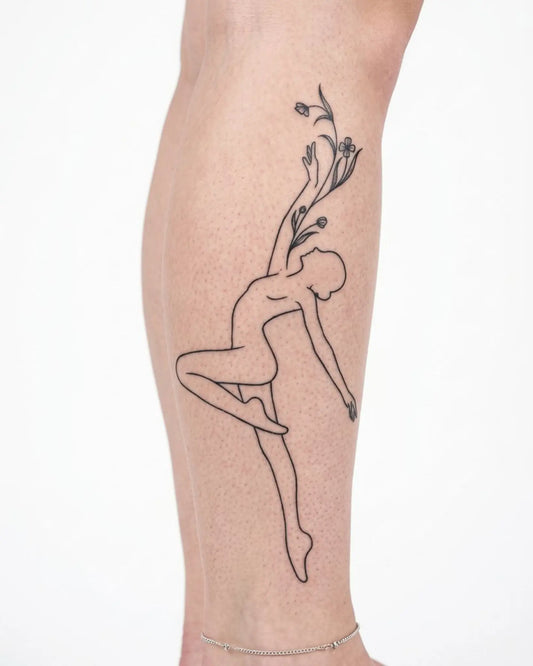 INKY Growth Dancer 2 semi-permanent tattoo applied on a woman – 4 x 7 in (10x17 cm) design, realistic ink look, lasts 10 days