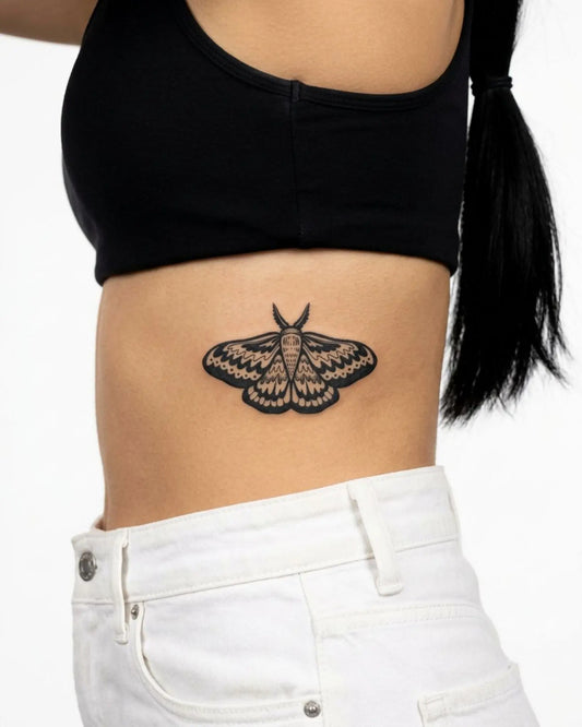 INKY Moon Moth semi-permanent tattoo applied on a woman – 3 x 4 in (7x10 cm) design, realistic ink look, lasts 10 days