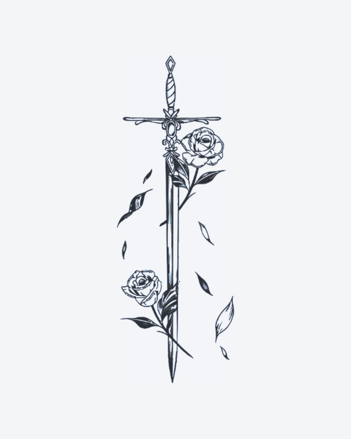Rose Sword semi-permanent tattoo design by INKY – Fine Line, Rose, Leaves, Sword, Stem illustration, 2 x 4 in (6x10 cm), available at inkytatt.com