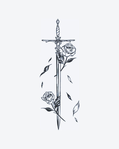 Rose Sword semi-permanent tattoo design by INKY – Fine Line, Rose, Leaves, Sword, Stem illustration, 2 x 4 in (6x10 cm), available at inkytatt.com