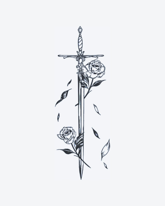 Rose Sword semi-permanent tattoo design by INKY – Fine Line, Rose, Leaves, Sword, Stem illustration, 2 x 4 in (6x10 cm), available at inkytatt.com
