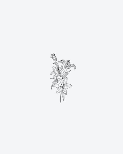 Lily Bloom 2 semi-permanent tattoo design by INKY – Fine Line, Flower, Leaves, Lines, Petal illustration, 4 x 7 in (10x17 cm), available at inkytatt.com