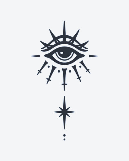Seeing Star semi-permanent tattoo design by INKY – Star, Crosses, Compass, Eye, Geometric illustration, 2 x 2 in (4x4 cm), available at inkytatt.com