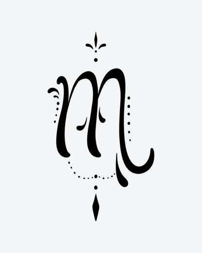 Virgo semi-permanent tattoo design by INKY – Dotwork, Virgo illustration, 2 x 2 in (4x4 cm), available at inkytatt.com