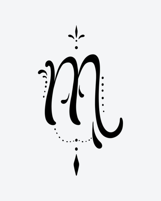 Virgo semi-permanent tattoo design by INKY – Dotwork, Virgo illustration, 2 x 2 in (4x4 cm), available at inkytatt.com