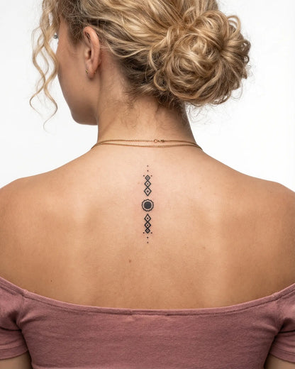 INKY Dot & Diamond semi-permanent tattoo applied on a woman – 2 x 4 in (6x10 cm) design, realistic ink look, lasts 10 days