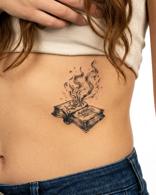 INKY Magic Tome semi-permanent tattoo applied on a woman – 3 x 3 in (7x7 cm) design, realistic ink look, lasts 10 days