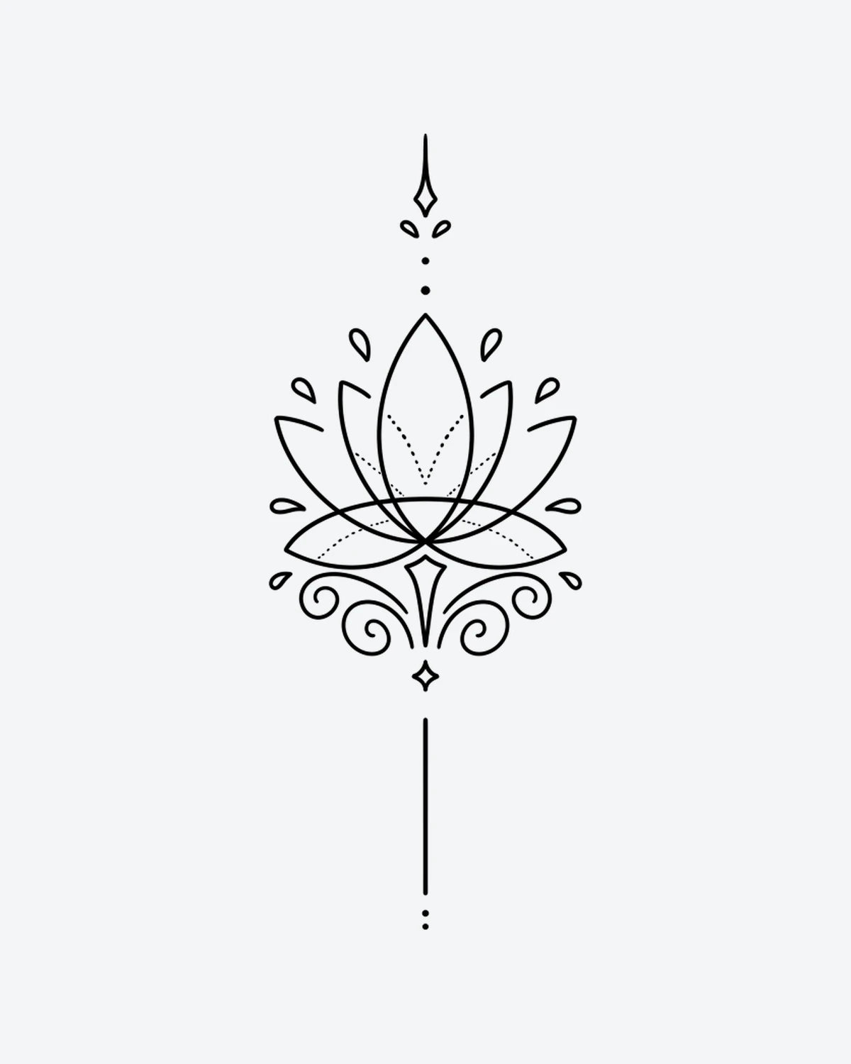 Sacred Lotus semi-permanent tattoo design by INKY – Lotus Flower, Fine Line, Dots, Petal illustration, 2 x 4 in (6x10 cm), available at inkytatt.com