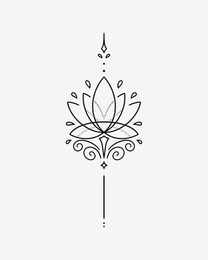 Sacred Lotus semi-permanent tattoo design by INKY – Lotus Flower, Fine Line, Dots, Petal illustration, 2 x 4 in (6x10 cm), available at inkytatt.com