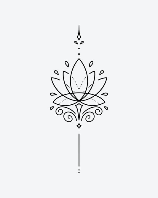 Sacred Lotus semi-permanent tattoo design by INKY – Lotus Flower, Fine Line, Dots, Petal illustration, 2 x 4 in (6x10 cm), available at inkytatt.com