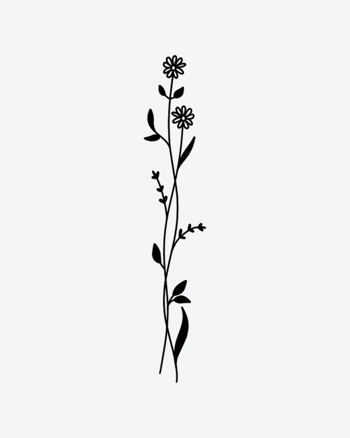 Floral Stem 2 semi-permanent tattoo design by INKY – Fine Line, Flower, Leaves, Petal, Stem illustration, 2 x 4 in (6x10 cm), available at inkytatt.com