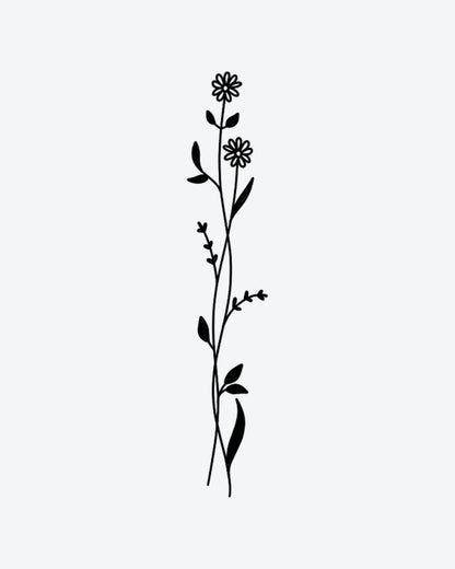 Floral Stem 2 semi-permanent tattoo design by INKY – Fine Line, Flower, Leaves, Petal, Stem illustration, 2 x 4 in (6x10 cm), available at inkytatt.com