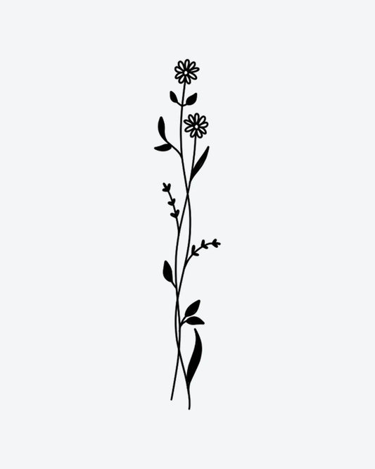 Floral Stem 2 semi-permanent tattoo design by INKY – Fine Line, Flower, Leaves, Petal, Stem illustration, 2 x 4 in (6x10 cm), available at inkytatt.com