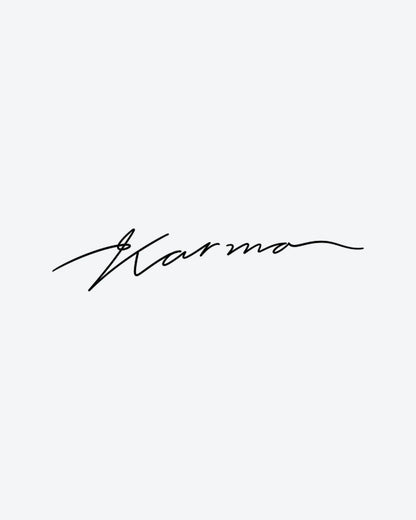 Karma Script semi-permanent tattoo design by INKY – Fine Line illustration, 2 x 2 in (4x4 cm), available at inkytatt.com