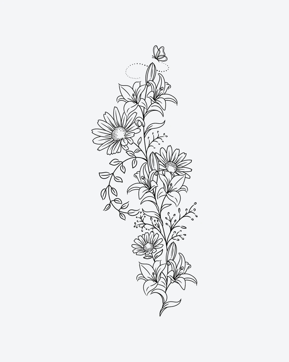 Swirl semi-permanent tattoo design by INKY – Fine Line, Leaves, Vine, Butterfly, Path illustration, 4 x 8 in (11x20 cm), available at inkytatt.com