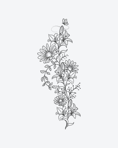 Swirl semi-permanent tattoo design by INKY – Fine Line, Leaves, Vine, Butterfly, Path illustration, 4 x 8 in (11x20 cm), available at inkytatt.com