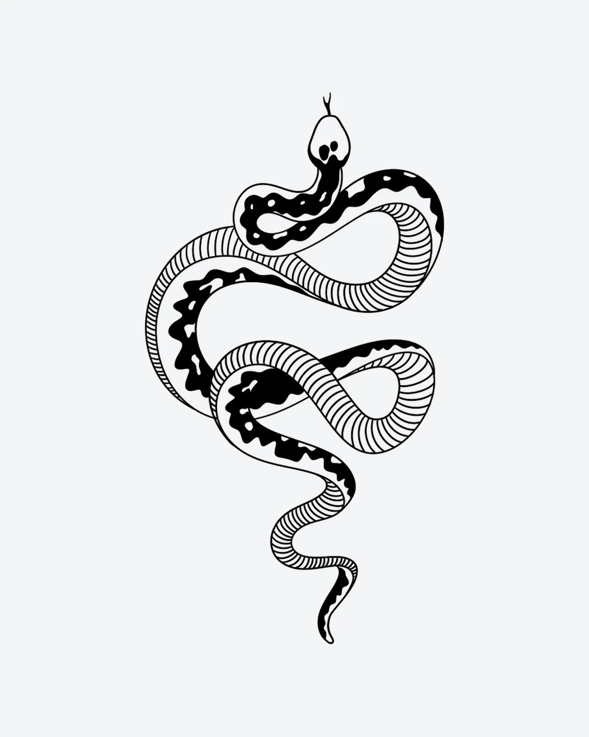 Coiled Snake semi-permanent tattoo design by INKY – Fine Line, Snake, Eye illustration, 3 x 4 in (7x10 cm), available at inkytatt.com