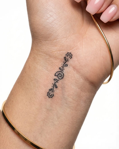 INKY Shell Vine semi-permanent tattoo applied on a woman – 2 x 2 in (4x4 cm) design, realistic ink look, lasts 10 days