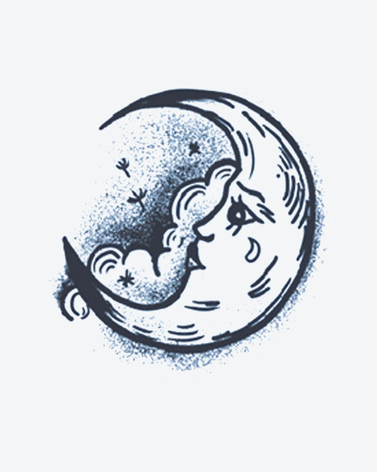 Lunar Tears semi-permanent tattoo design by INKY – Crescent Moon, Star, Eye, Face, Cloud illustration, 3 x 3 in (7x7 cm), available at inkytatt.com