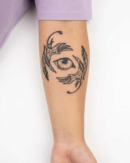 INKY Mystic Eye semi-permanent tattoo applied on a woman – 3 x 3 in (7x7 cm) design, realistic ink look, lasts 10 days